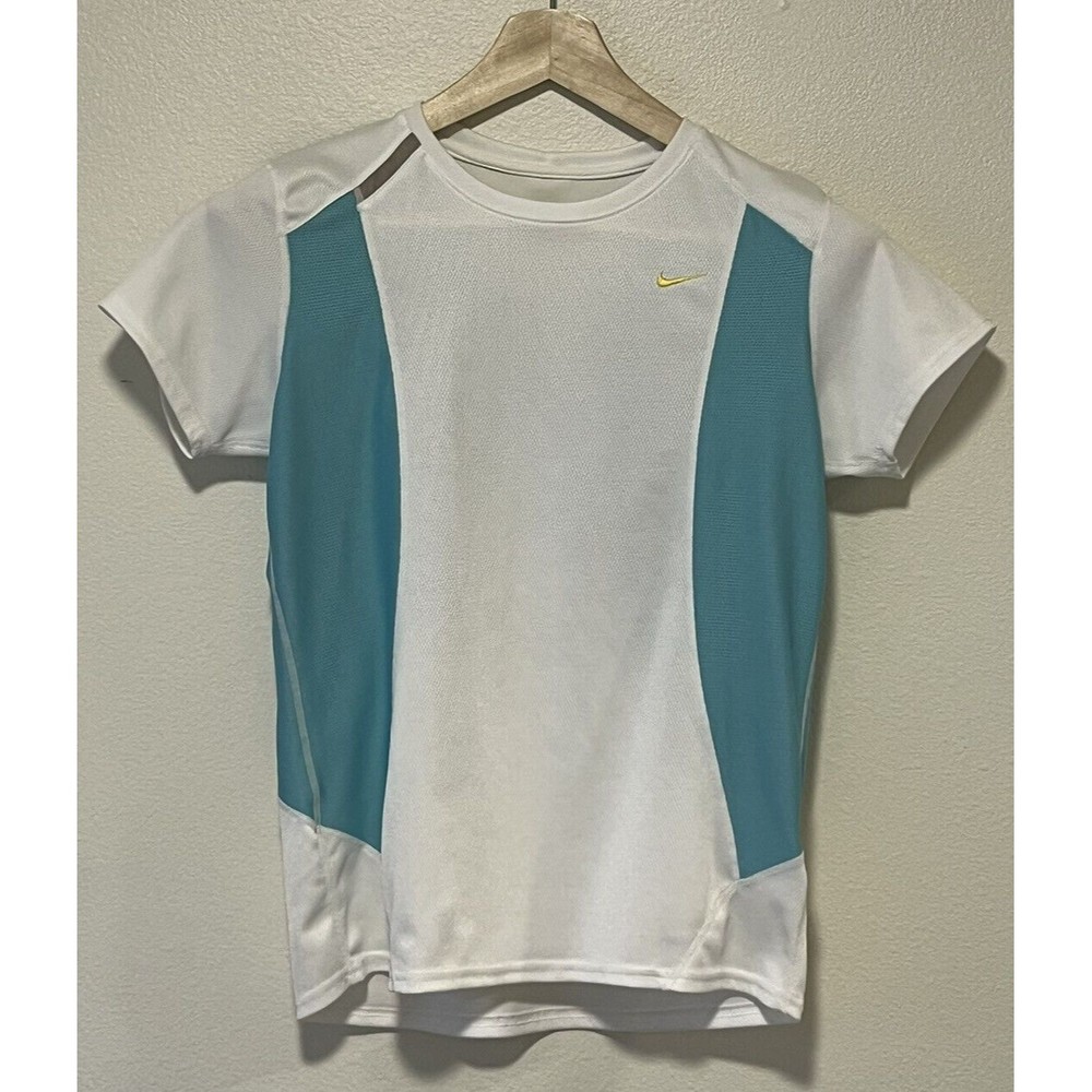 Nike Dri-Fit Crew Neck Shirt Size Small 4-6 White Blue Green Reflective Active